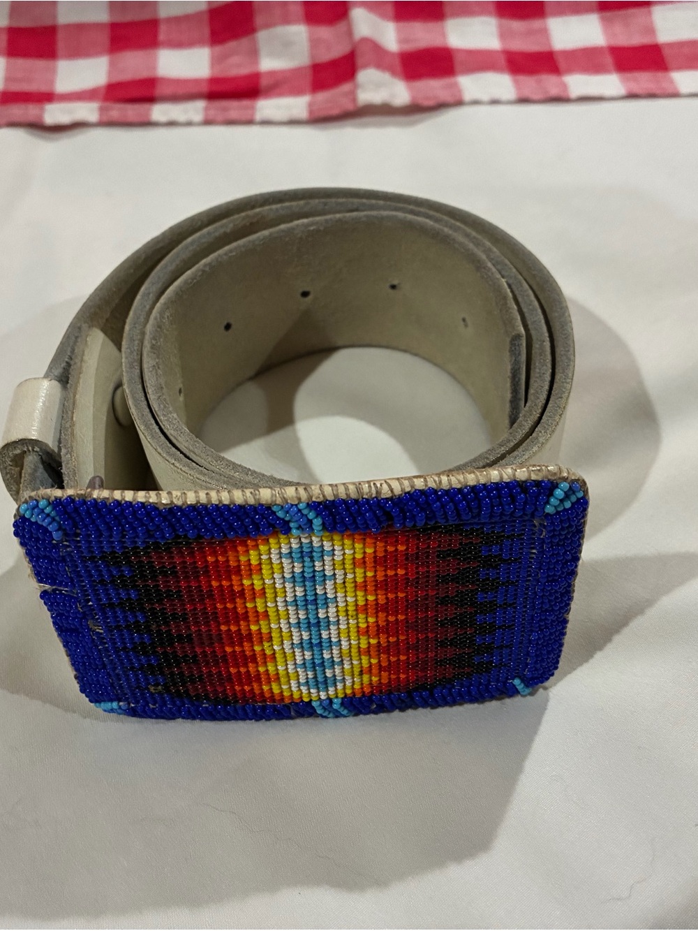Authentic Navajo HandBeaded Sunburst Leather Belt Buckle in Blue